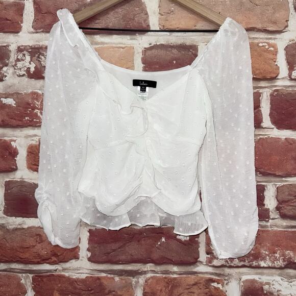 Lulus Crop Top Women's Extra Small White Swiss Dot Chic Ruffle Casual Shirt - Picture 6 of 8